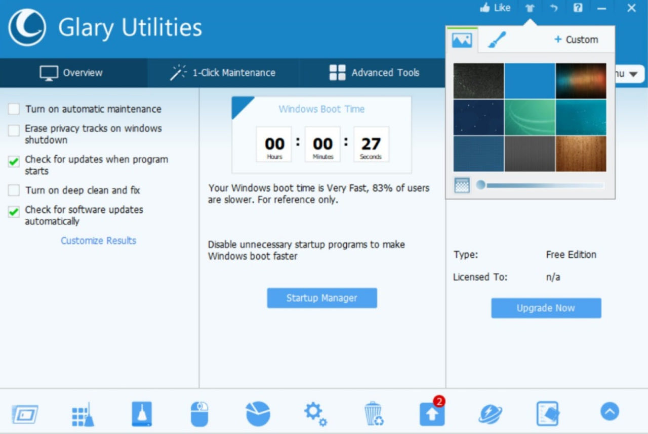 Glary Utilities Overview tab — boot time, maintenance toggles, and license info