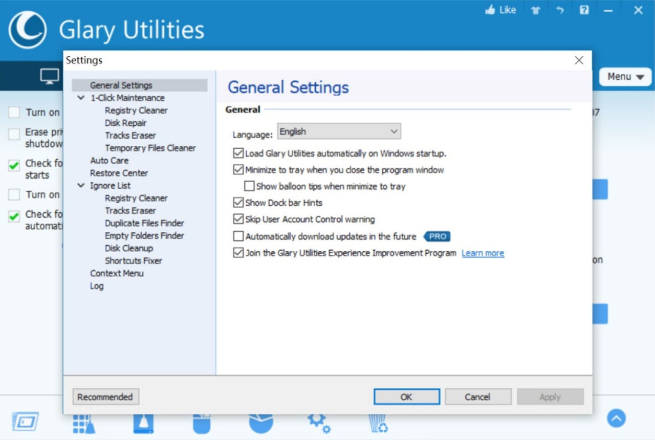 Glary Utilities installation and general settings on Windows
